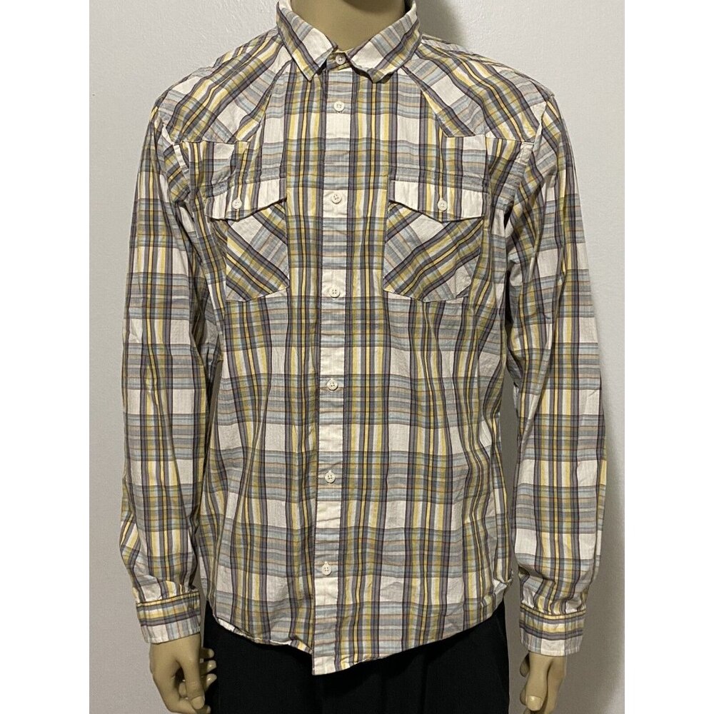 Patagonia Men's XL Long Sleeve Button Front Plaid Shirt Gold Gray Burgundy White